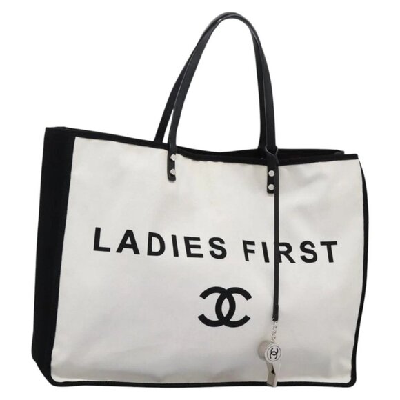 CHANEL Ladies First Tote Bag Canvas Black White CC Auth PP319AV - Picture 1 of 16